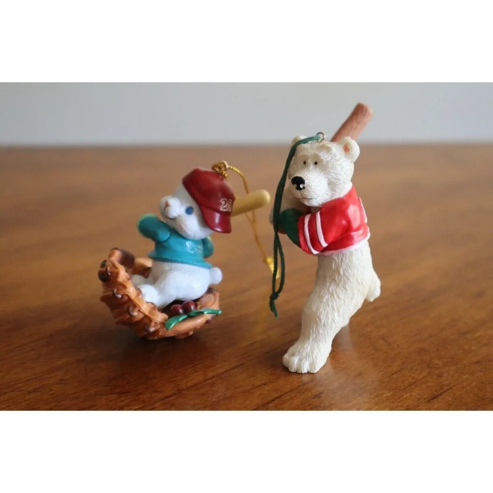 Lot 2x Baseball Bunny Rabbit Glove Bat Polar Bear Swinging Christmas Ornament